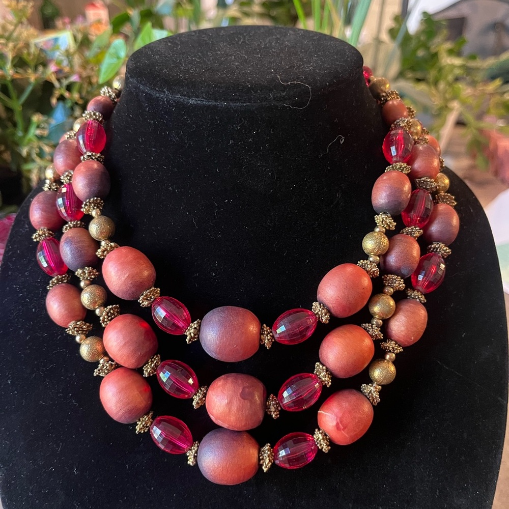 Vintage Florenzá Signed Multi-Strand Beaded Necklace Red Lucite   & Matte Beads